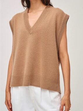 White + Warren Camel Sleeveless V-Neck Knit Vest